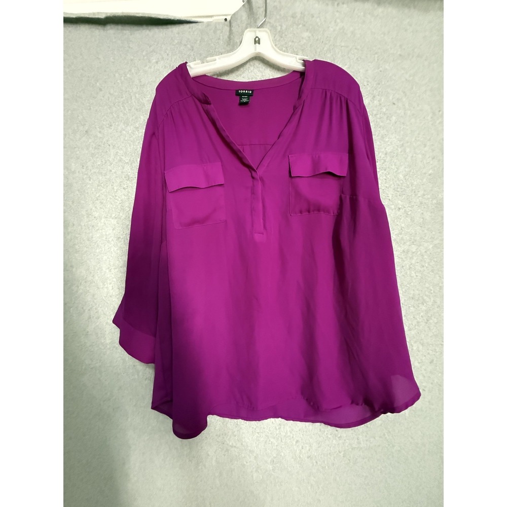Torrid Blouse Womens 3 Purple Solid V Neck Roll Tab 3/4 Sleeve Tunic Top